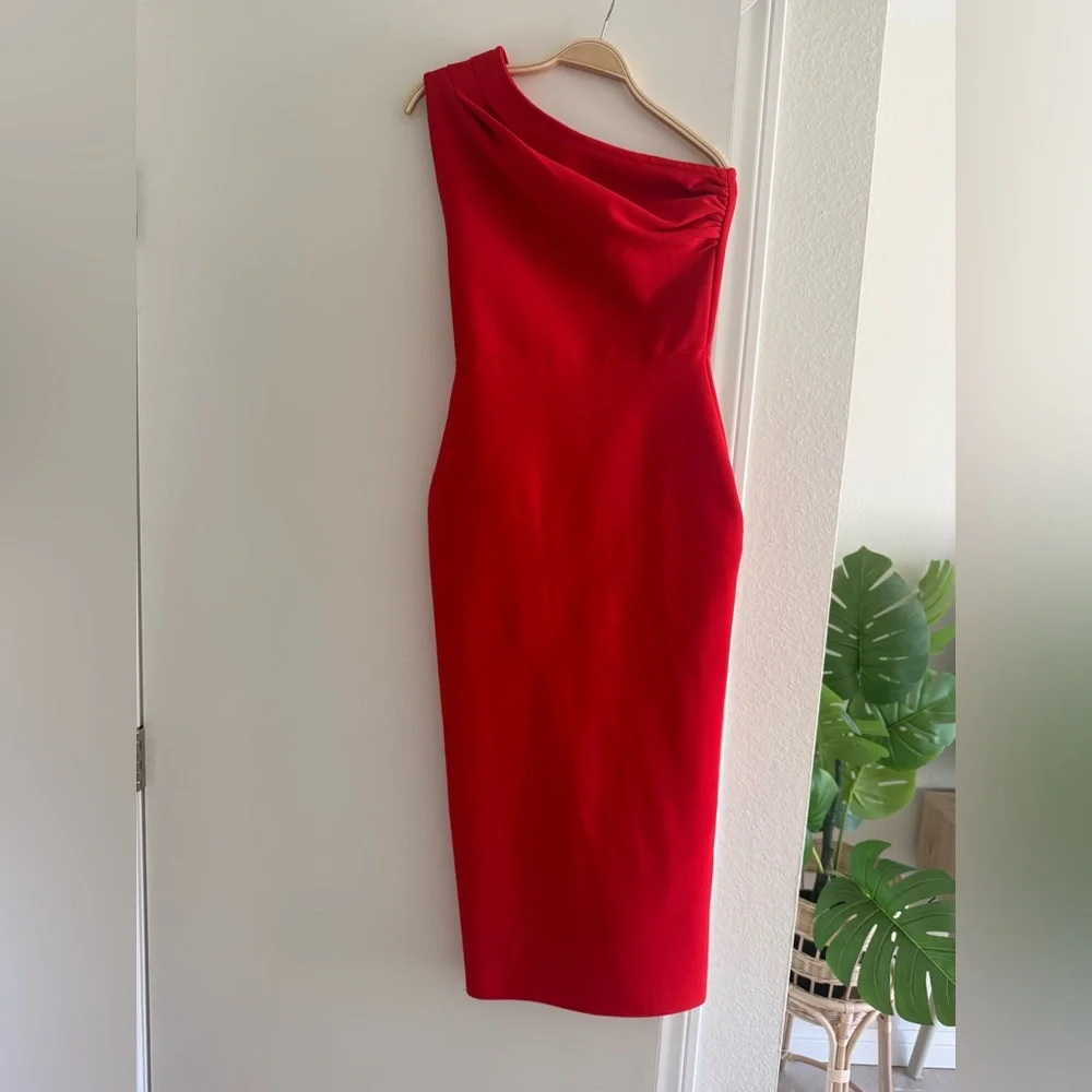 Posh Mia Red Bodycon One-Shoulder Midi Dress